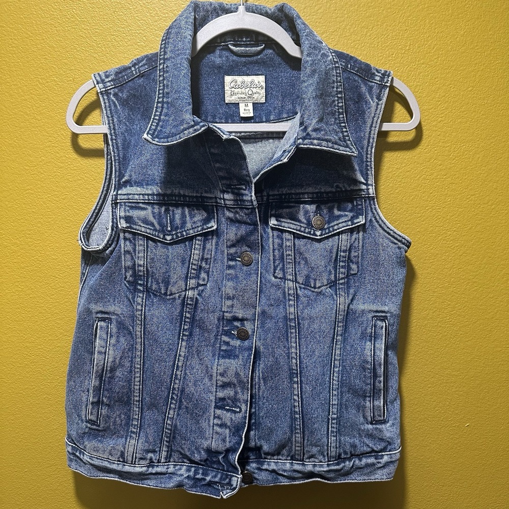 Vintage 80s Cabela's Blue Jean Vest Womens Sz Medium Outdoors Denim Stone‎ Wash